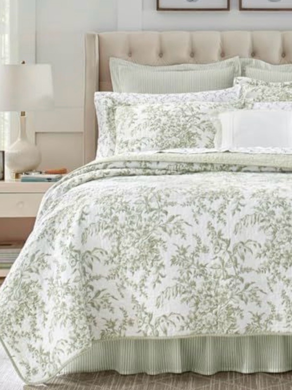 Laura Ashley Sage Green and White Floral Quilt Set